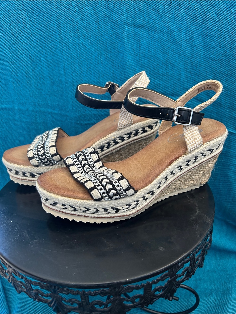 New Black and Natural Braided Espadrille Wedge Sandals